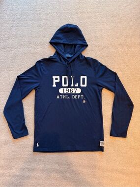 Ralph Lauren Navy Hooded Long-Sleeve Shirt with White Athletic Print